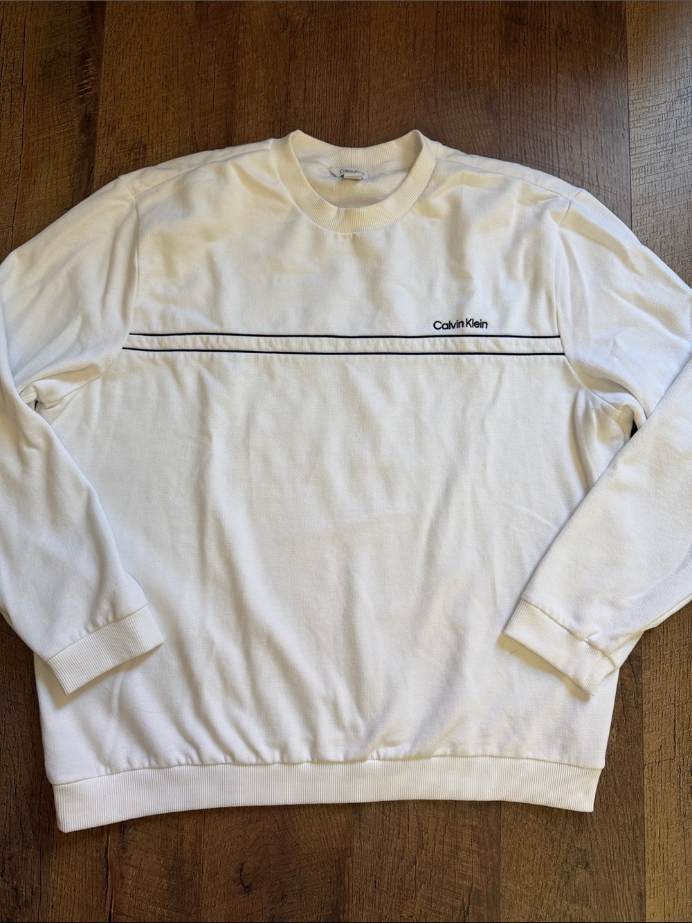 Calvin Klein White Crewneck Sweater with Navy Stripe